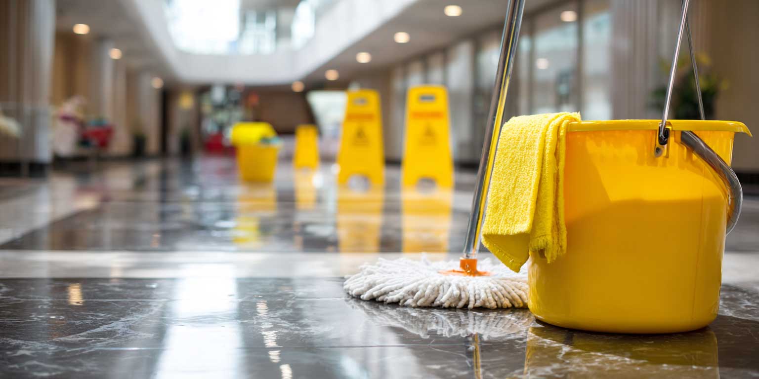 Professional cleaning team servicing a modern commercial office space in Las Vegas.